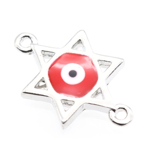 Detailed view of silver Star of David connector with red evil eye enamel for DIY jewelry