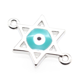 Close-up of silver Hexagram Evil Eye connector charm with light blue enamel inlay detail