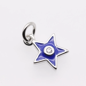 Close-up of silver star pendant with blue enamel devil eye and clear cubic zirconia