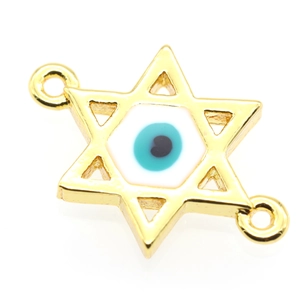 Macro shot of gold-plated Star of David connector with blue Evil Eye enamel detail