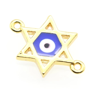 Detailed view of gold plated star of David charm with blue evil eye inlay for jewelry making