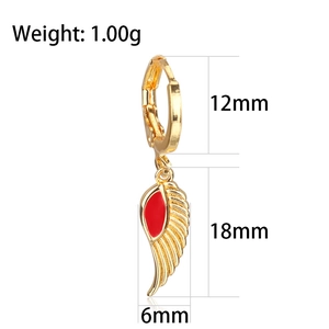 Detail view of gold angel wing earrings with red oil dripping and dimensions shown