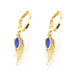 Detail of golden wing earrings featuring deep blue enamel inlay and stylish hoop closure