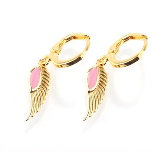 Detailed close-up of gold-plated hoop earrings with pink enamel angel wing pendants