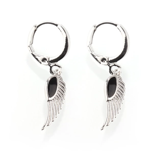 Close-up of silver-plated angel wing earrings with black enamel feather details