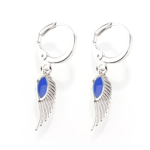 Elegant silver angel wing drop earrings with dark blue enamel water drop accents