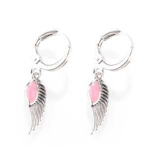 Detail of silver angel wing earrings with pink teardrop enamel and textured feathers