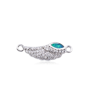 Silver wing jewelry connector with teal opal and white zircon stones for DIY necklaces