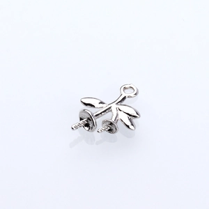 Polished silver leaf pendant connector with double pearl bowl settings for DIY jewelry