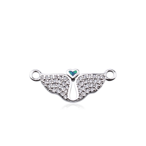 Angel wing opal heart pendant connector in silver finish for DIY jewelry necklaces