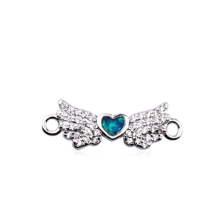 Silver angel wing heart connector with blue opal and sparkling zircon for bracelets