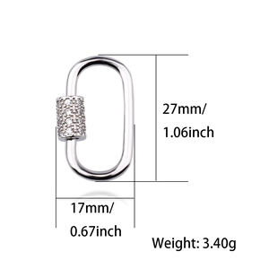 Silver oval screw clasp with micro-paved zircons for DIY jewelry, 27mm x 17mm size