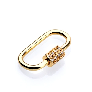 Macro detail of a gold-plated oval carabiner jewelry clasp with micro-pave cubic zirconia