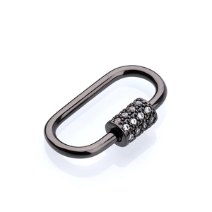 Macro shot of gunblack oval carabiner jewelry clasp with micro-paved cubic zirconia