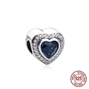 S925 sterling silver heart charm with blue crystal and cubic zirconia for bracelets