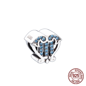 S925 sterling silver heart charm with blue cubic zirconia stones for jewelry DIY