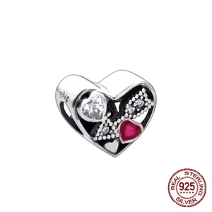 S925 sterling silver heart charm bead with red crystal and cubic zirconia for bracelets