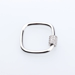Close-up of polished silver square carabiner clasp with sparkling zircon screw lock
