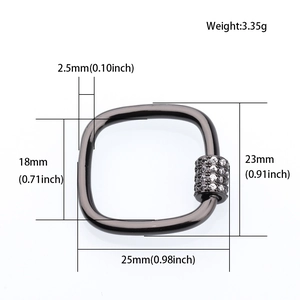 Macro detail of gunmetal square screw lock clasp with clear rhinestones and dimensions