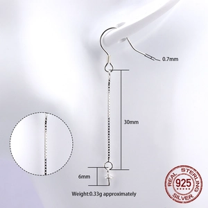 Macro detail of S925 sterling silver earring chain hook with precise size measurements