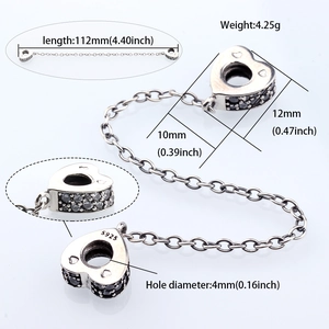 S925 Sterlingsilber Herz Sicherheitskette für Armbänder mit schwarzen Zirkonia Steinen