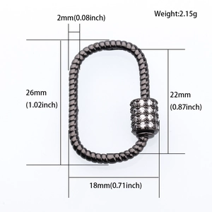 Detailed specs of gun-metal plated rope texture carabiner clasp with zircon accents