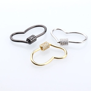 Three heart-shaped screw clasp jewelry connectors in gold silver and black finishes