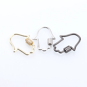 Three-color Hamsa hand screw clasp pendants in gold silver and black with zircon stones