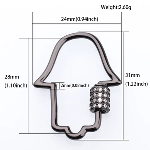 Macro detail of gunmetal Hamsa hand screw clasp with dimensions for jewelry DIY