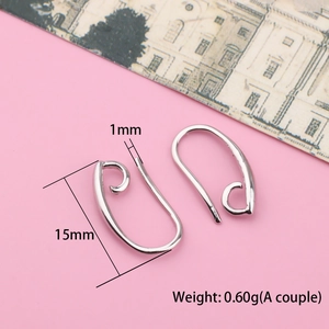 Macro detail of 15mm silver plated earring hooks with size specifications and weight info