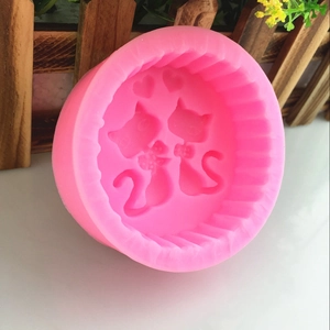 Pink silicone mold featuring two cats and hearts for fondant, cake and soap making