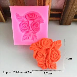 3-rose flower silicone mold for handmade soap and fondant cake decoration, pink color