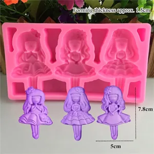 Pink silicone mold featuring three little princess designs for DIY cake baking and chocolate