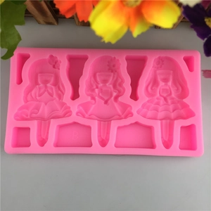 Pink silicone fondant mold featuring three little princess designs for cake decorating
