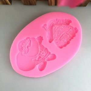 Pink silicone mold with two cartoon girl cavities for DIY fondant cake decoration