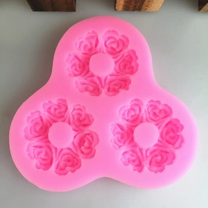 Pink silicone triple rose flower wreath mold for DIY handmade cake fondant and soap crafts