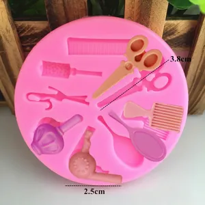 Pink silicone hair salon mold with scissors, comb and dryer for fondant cake baking decor