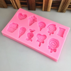 Pink silicone mold with heart, ice cream and candy shapes for DIY cake and soap making