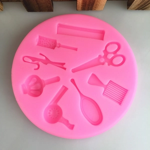 Pink silicone mold featuring salon hair tools for fondant cake and soap making DIY