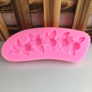 Pink silicone 5-flower rose vine mold for fondant cake decorating and DIY crafts