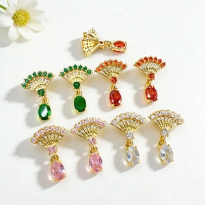 Vintage Chinese Style Fan Shaped Copper Zirconia Pendant 18K Gold Plated Elegant Charm For Women Jewelry Making Accessory