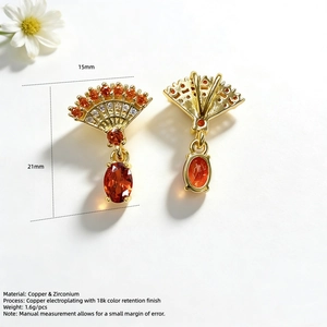Retro fan-shaped 18K gold plated copper pendant necklace with orange zircon stones