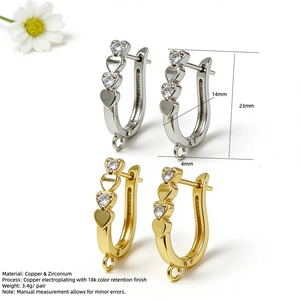 Orecchini a cuore a U in rame oro e argento con zirconi per creazione gioielli fai da te
