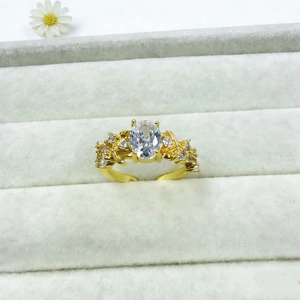 Eleganter goldener Schleifenring mit ovalem Stein und floraler Textur in Samtbox