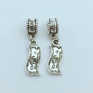 Vintage silver dollar bill charms with 'LOVE' engraved cylinders and five dollar coin tags