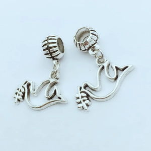 Vintage silver peace dove pendant charms with olive branch and large hole beads