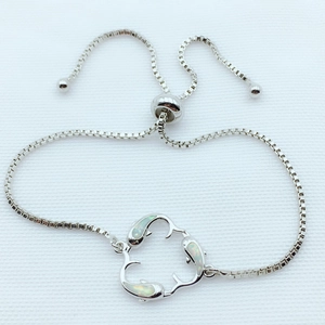 Adjustable silver box chain bracelet with opal heart dolphin pendant for women