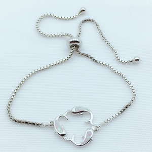 Adjustable sterling silver dolphin bracelet with pink opal stones and sliding box chain