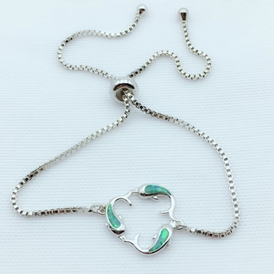 Silver dolphin bracelet with green opal inlay and adjustable sliding box chain for women
