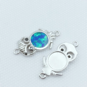Silver-plated owl charm with opal inlay and dual rings for DIY jewelry making